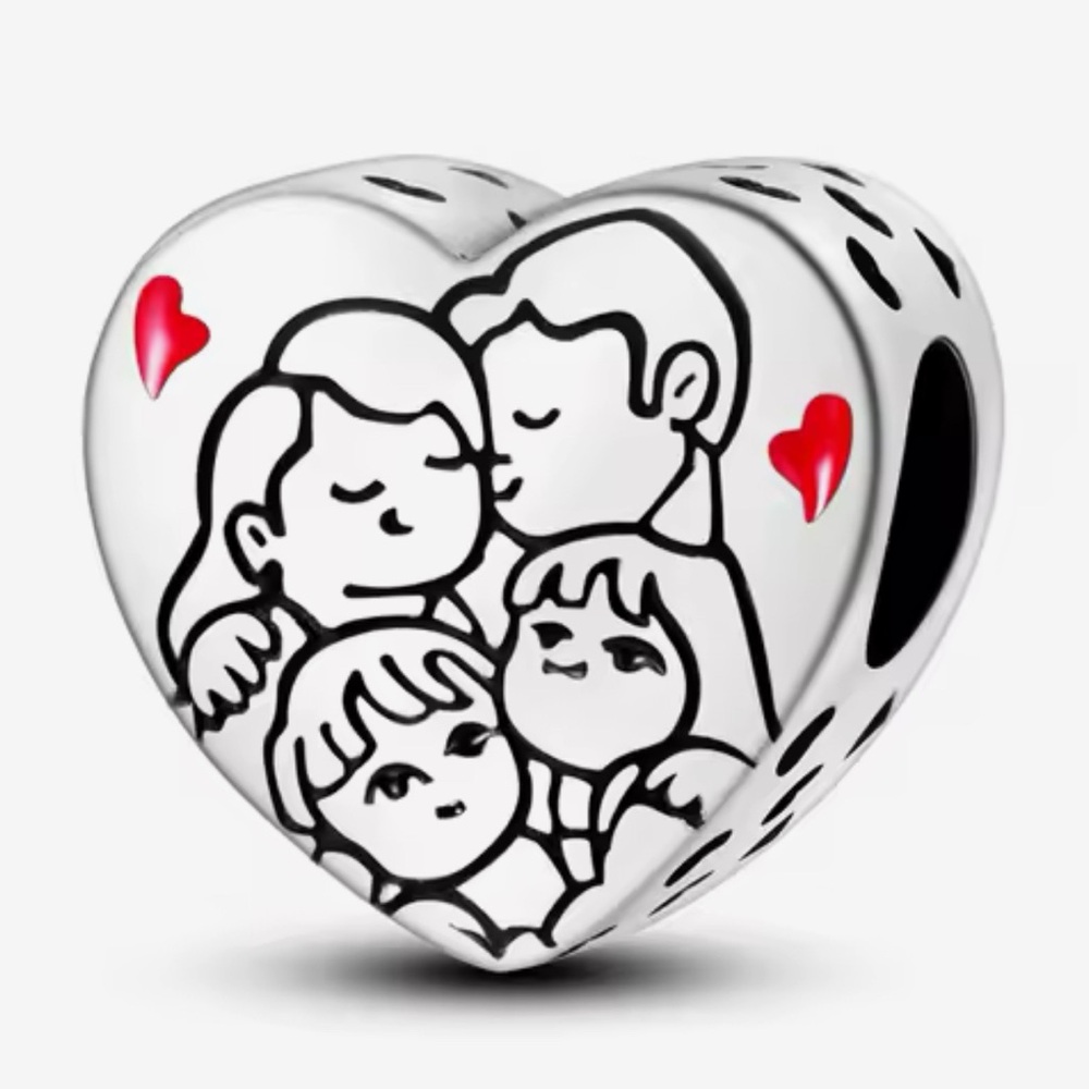 🌻 S925 Sterling Silver Heart Family Charm with Red Accents
